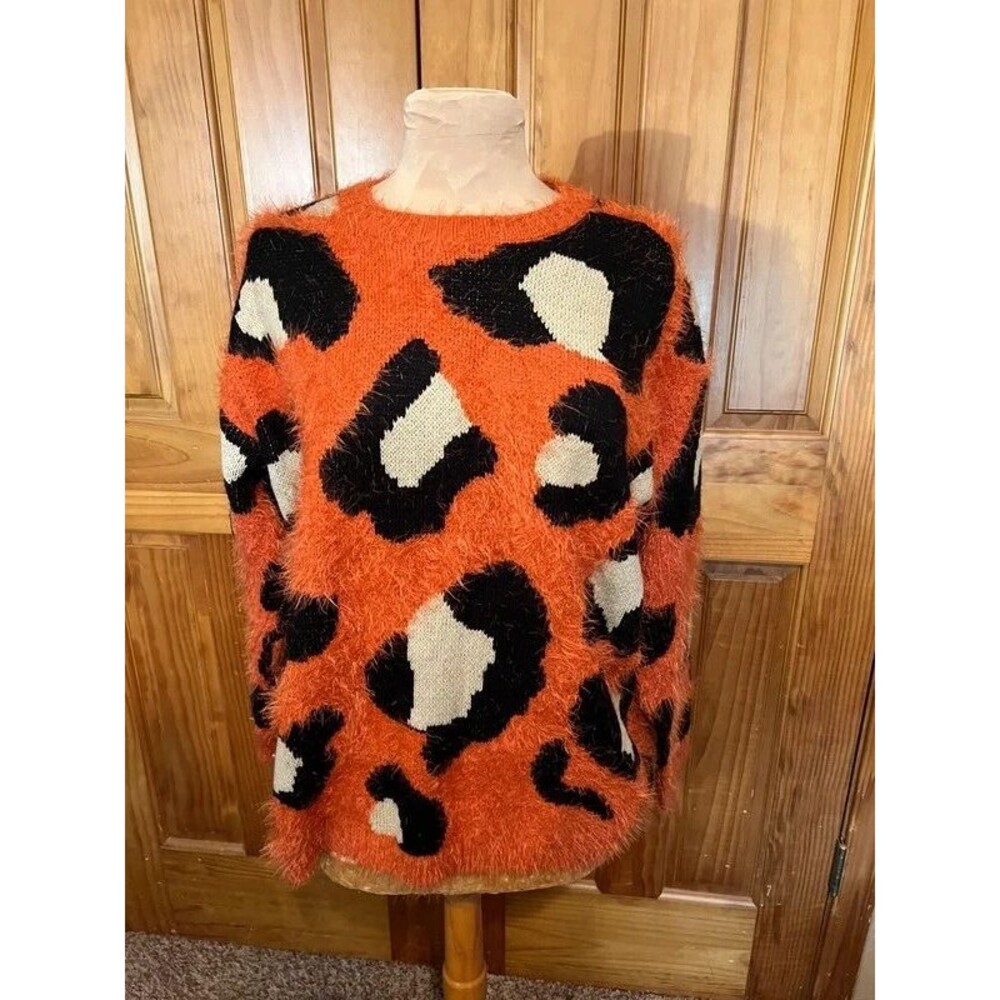 Easel Orange Fuzzy Leopard Print Sweater Small
